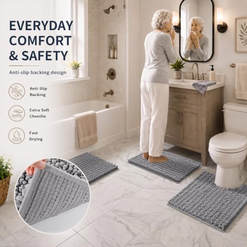 Yimobra Bathroom Rug Set 3 Piece - Super Absorbent Quick Dry Chenille Bath Mats & Toilet Rug, Non Slip Machine Washable, Extra Thick Shaggy Floor Mat for Shower Tub Sink, Grey - color: Grey, size: 24"x17" + 24"x20" + 30"x20"