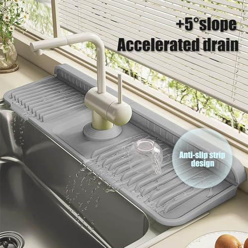 STARGAZ Silicone Faucet Mat for Kitchen Sink,Faucet Draining Mat,Sink Back Splash Guard,Kitchen Rubber Mat,Bathroom Sink Faucet Mat,Soap Dish,Silicone Sink Protector(24”×5.5”) - color: Light Gray, size: 24”×5.5”