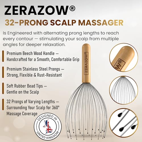 ZERAZOW® Scalp Massager with 32-Prong, Head Massager Scalp Massage Tool for Relaxation, Beech Wood Head Scratcher, Scalp Scratcher for Head Massage, Scalp Stimulator, Fathers Day Gift for Men/Women