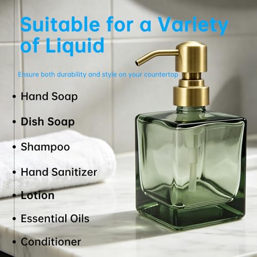 Square Bathroom Soap Dispenser Green Bottle with Brushed Gold Pump, Retangle Cube 8.4 oz Glass Bottles with Stainless Steel Pump Hand Liquid Soap Dispenser Kitchen - color: Green and Brushed Gold Pump, size: 8.4oz-Square