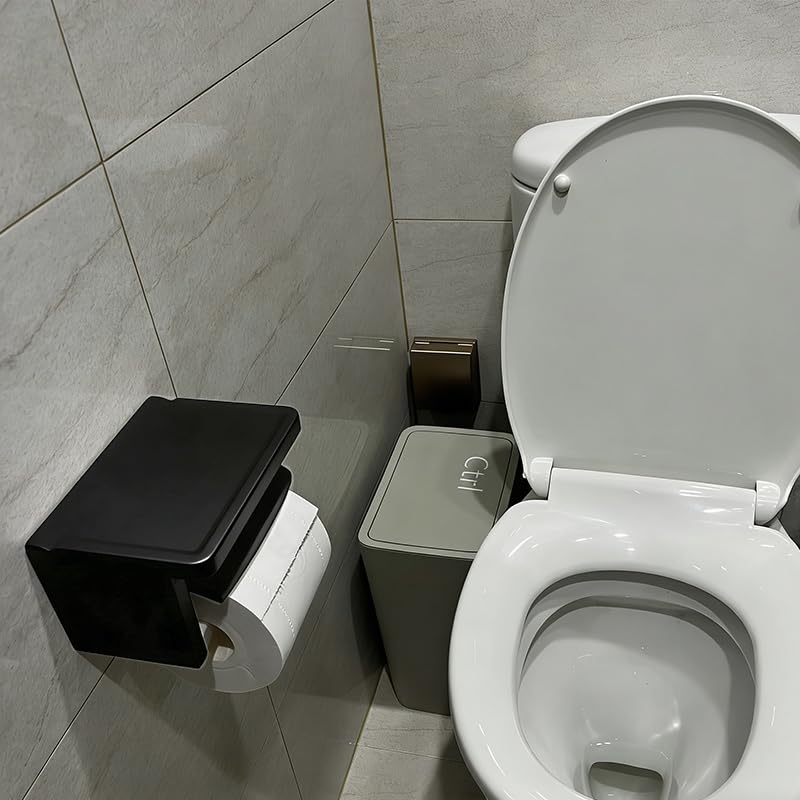 Matte Black Toilet Paper Holder with Shelf - Toilet Paper Cutting Function, Toilet Paper Holder with Phone Shelf for Bathroom Washroom - color: Abs Black&black, size: Single