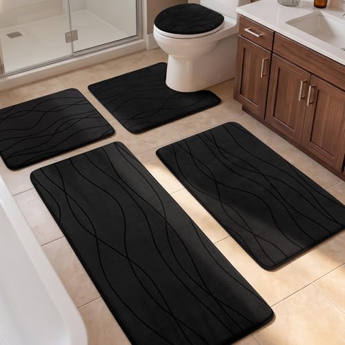 YIHOUSE Bathroom Rugs Set 5 Piece, Memory Foam Bath Mat Black | Ultra Soft, Absorbent, Non-Slip, Machine Washable, for Bathroom, Sink and Toilet - color: Black, size: 3'10" x 1'8" (Rectangular)