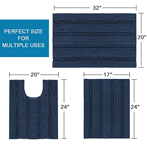 H.VERSAILTEX 3 Piece Bathroom Rugs Sets Thick Striped Bath Rugs Set for Bathroom Non Slip Soft Absorbent Bath Mat Set for Tub, Shower and Toilet(17''x24''+20''x32''+20''x24'' U-Shaped, Navy) - color: Navy