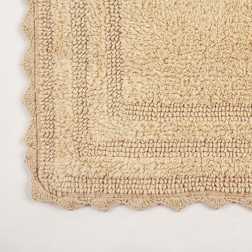 TreeWool 2-Pack Gorjeeus Collection Soft Reversible Bathroom Rug Cotton Bath Mat Set with Crochet Border - Rectangle (19" x 26"; Beige) - color: Beige