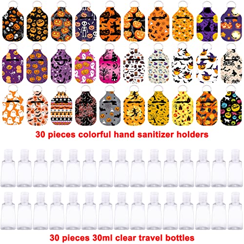 Duufin 60 Pcs Halloween Hand Sanitizer Holder Keychain Empty Bottle Bulk | Including 30 Pcs Hand Sanitizer Keychain Holder and 30 Pcs Refillable Empty Travel Bottles, Halloween Style - color: Halloween Style