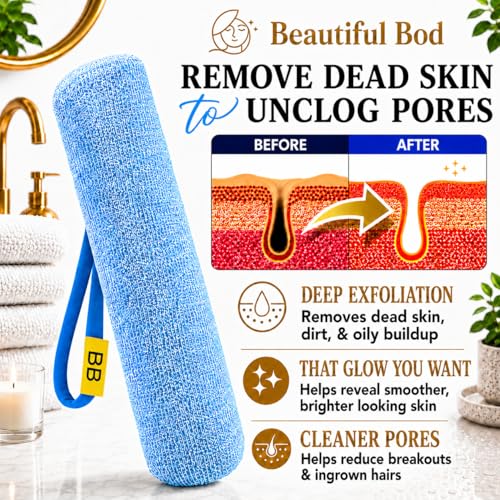 Back Scrubber for Shower - Beautiful Bod Patented 13-Inch Exfoliating Loofah with Built-in Handle, Easily Reaches Entire Back, Full Body Shower Scrubber for Back Washing, Exfoliation & Skin Smoothing - color: Ocean Blue