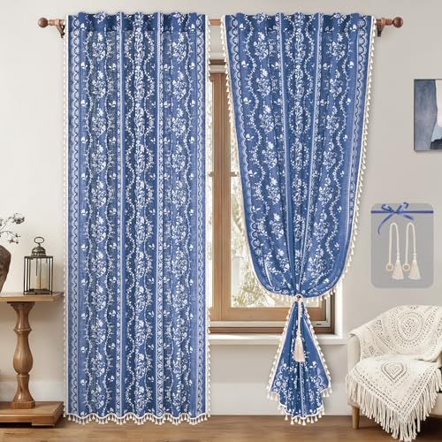 Yinhua Boho Curtains for Living Room 63 Inch Length Vintage Linen Blue Curtains for Bedroom Light Filtering Floral Window Curtain Rod Pocket & Back Tabs Farmhouse Rustic Tassel Drapes with Tiebacks - color: Blue, size: 52"W x 63"L (Pack of 2)