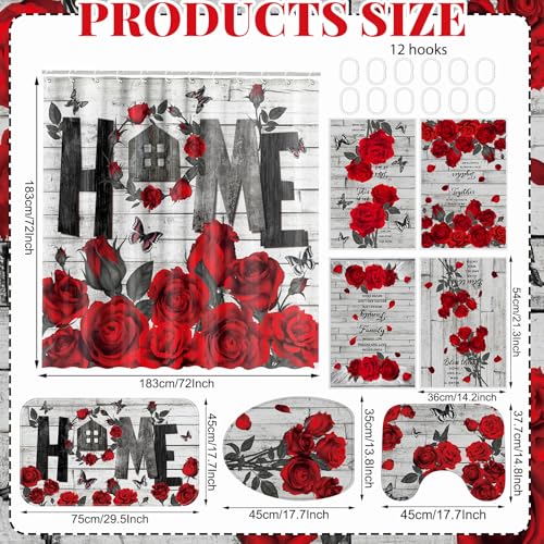 Tatuo 8 Pcs Red Rose Shower Curtain Set Rose Home Romantic Farmhouse Bathroom Decor Accessories Sets Black Red Waterproof Shower Curtain with Towels Carpet Bath Mat Toilet Rugs and 12 Hooks - style: Red Rose