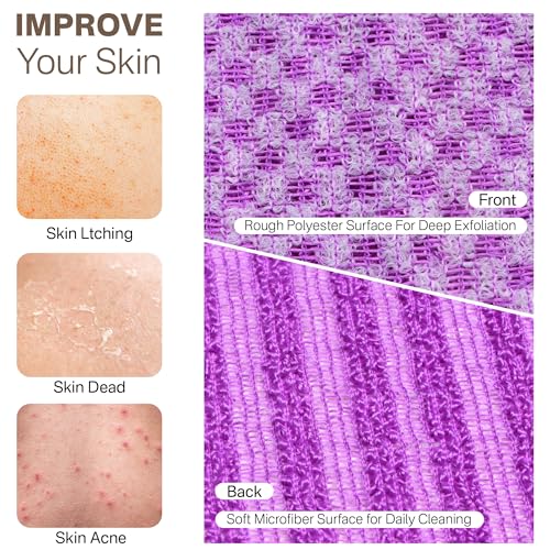 Yiclick Dual-Textured Exfoliating Washcloth Towel - Back Scrubber for Use in Shower Bath, Exfoliating Body Scrubber Exfoliator, Japanese Exfoliate Loofah Lufa Sponge Wash Cloth for Women Men - color: Lavender