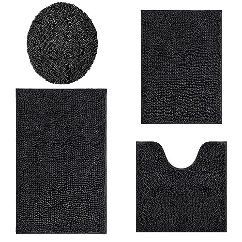 Bathroom Rugs Sets 4 Piece, Extra Soft Absorbent Chenille Bath Rugs, Non Slip Rubber Backing Machine Washable Quick Dry Bath Mats for Bathroom Floor, Tub, Shower, Home Decor Accessories, Black - color: Black