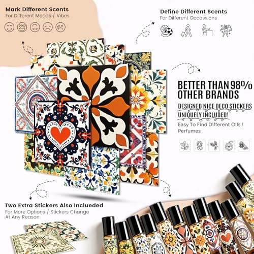 Glass Roller Bottles for Essential Oils 12 Pack Roll On Bottles 10ml Amber | Empty Rollerball Bottle Thick Glass with Oil Perfume Lip Gloss DIY Kits Boho Stickers, Leak-Proof Refillable for Travel Gift - color: Amber, size: 12 Pack