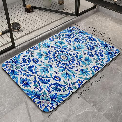 Blue Flower Bathroom Rug, Rapid Dry Absorbent with Non-Slip Rubber Base Bath Mats for Bathroom 17"x30" - color: Blue Flower