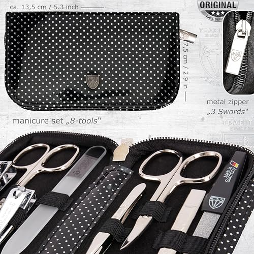 3 Swords Germany - brand quality 8 piece manicure pedicure grooming kit set synthetic leather case black silver spots - Made in Germany - color: BLACK - SILVER SPOTS