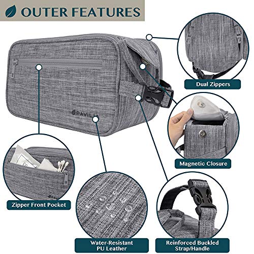 PAVILIA Toiletry Bag for Men, Travel Essentials Shaving Dopp Kit, Mens Travel Bag Toiletries Organizer Case for Grooming, PU Leather Water Resistant Cosmetic Bag Pouch (Heather Grey) - color: Heather Gray, size: Large (10.5x5.5x6)