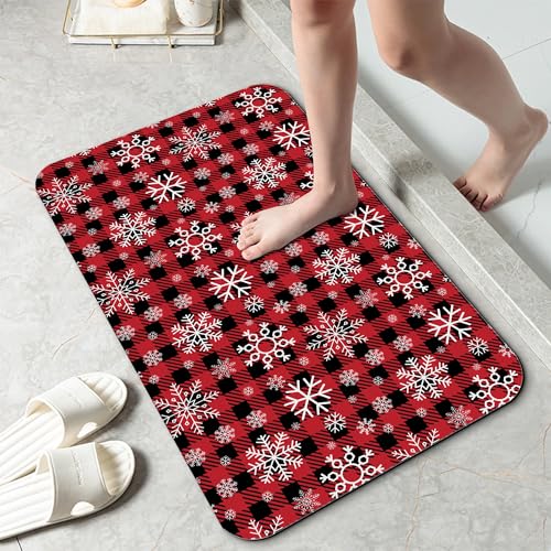 Christmas Plaid Snowflakes Bathroom Mat, Non-Slip Rubber Backing Thin Low-Profile Bath Rug, Easy-Clean Bathroom Floor Mat for Shower, Bathtub, Kitchen, or Entryway - color: Christmas Plaid Snowflakes