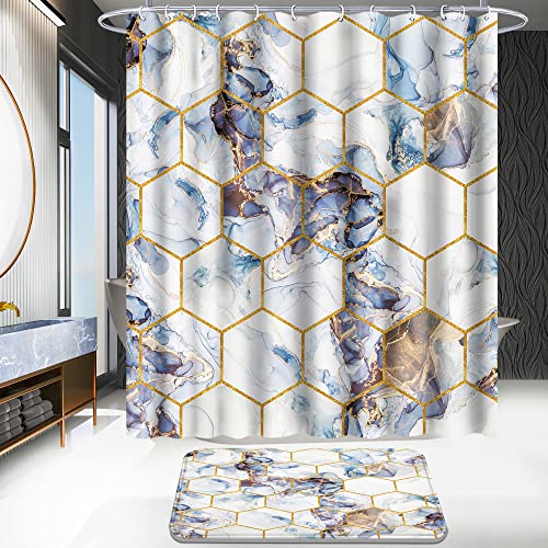 Poedist Shower Curtain Set with Rugs,Bathroom Accessory Set, Including Non-Slip Rugs,Toilet Lid Cover and Bath Mat, Waterproof Shower Curtain with 12 Hooks, Honeycomb Marble - color: White