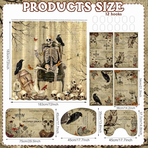 FuWeave 8 Pcs Gothic Shower Curtain Set for Bathroom Include Vintage Skeleton Towels Non Slip Skull Rugs Toilet Lid Cover Spooky Spider Web Bath Mat and 12 Hooks for Gothic Bathroom Decor - color: Gothic Skeleton