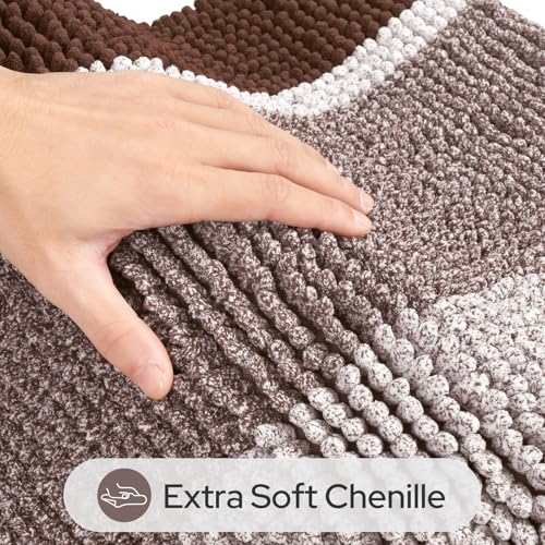 HOMEIDEAS Brown Bathroom Rugs Set, 2 Piece Thick Absorbent Fluffy Striped Chenille Bath Rugs, Non Slip, Soft Shaggy Bath Mats for Brown Bathroom Decor, 20" x 32" Plus 17" x 24" - color: Brown