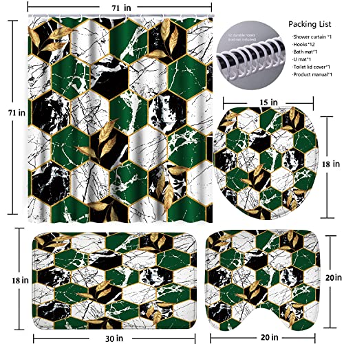 Poedist Shower Curtain Set with Rugs,Bathroom Accessory Set, Including Non-Slip Rugs,Toilet Lid Cover and Bath Mat, Waterproof Shower Curtain with 12 Hooks,Green and White Honeycomb Marble - color: Green White