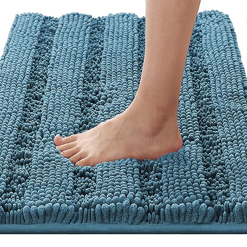 H.VERSAILTEX Bath Rugs for Bathroom Non Slip Bath Mats Extra Thick Chenille Striped Rug 20" x 32" Absorbent Non Skid Fluffy Soft Shaggy Washable Plush Mat for Indoor, Bath Room, Tub - Turquoise Blue - color: Turquoise Blue, size: 20" x 32"