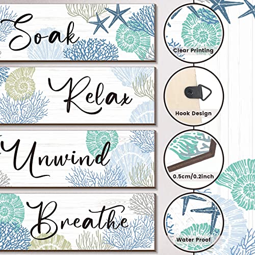 Pinkunn 4 Pcs 11 x 3.5 Inches Ocean Beach Bathroom Wall Decor Coastal Bathroom Decor Wood Relax Soak Unwind Breathe Wall Art Starfish Seashell Coral Nautical Art Rustic Farmhouse Wooden Signs