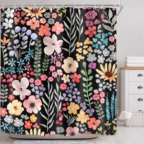 Riyidecor Black Dark Floral Flowers Shower Curtain for Bathroom Decor 72Wx72H Watercolor Plants Leaves Herbs Botanical Wildflower Art Printed Fabric Polyester Waterproof 12 Pack Plastic Hooks - color: E-black, size: 72"W x 72"L (Pack of 1)