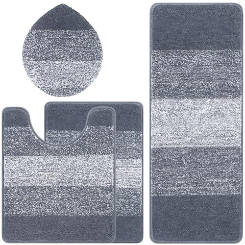 Bsmathom Bathroom Rugs Sets 4 Piece, Soft Absorbent Microfiber Bath Rugs with U-Shaped Contour Toilet Rug and Toilet Lid Cover, Thick Non-Slip Plush Shaggy Bath Mat Set,Dark Gray - color: Dark Grey, size: 20"x31"+20"x59"+U20"x24"+Cover19"x21"