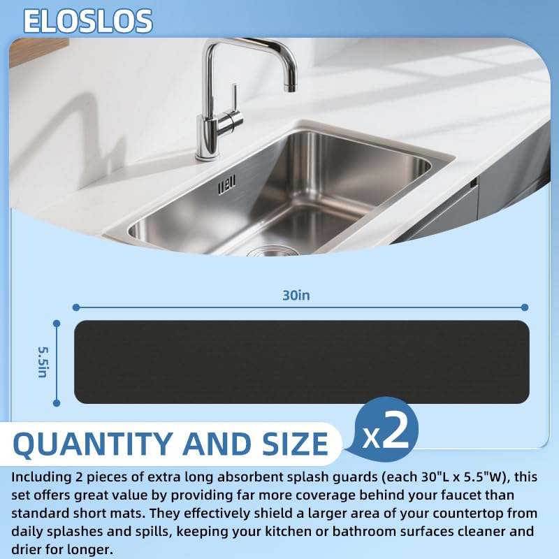 2Pcs 30" L x 5.5" W Customizable Sink Faucet Mat for Kitchen Sink 2 Holes & 3 Holes, DIY Cut for Oval/Rectangle/Square Faucets, Extra Long Quick-Drying Absorbent Splash Guard Counter Protector, Black - style: 2 Pcs Black