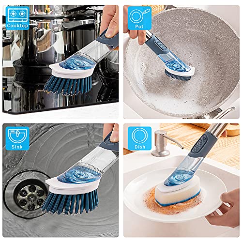 Dish Cleaning Brush, Soap Dispensing Dish Brush Set with 4 Replacement Heads and Storage Holder, Kitchen Scrub Brush for Dish Pot Pan Sink Cleaning (Blue) - color: Blue