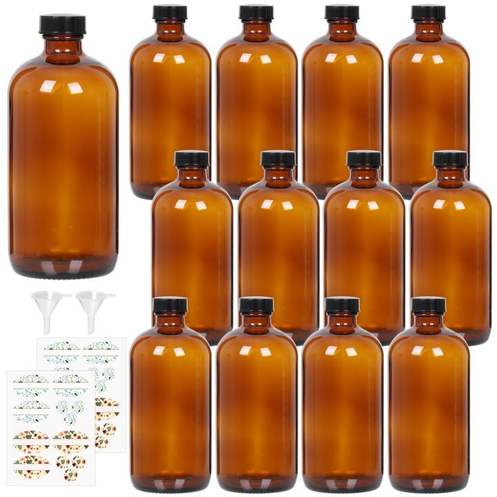 STARSIDE 12 Pack 16 oz Amber Glass Bottles with Lids, 480 ml Round Boston Bottles for Essential Oils, Hot Sauce, Juice, Liquids, Include 2 Funnel, 12 Labels. - size: L