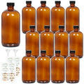 STARSIDE 12 Pack 16 oz Amber Glass Bottles with Lids, 480 ml Round Boston Bottles for Essential Oils, Hot Sauce, Juice, Liquids, Include 2 Funnel, 12 Labels. - size: L