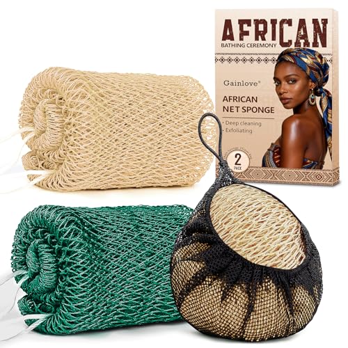 2 Pack African Net Sponge Exfoliating Body Scrubber Bath Sponge for Daily Use (Champange+Dark Green) - color: Champange+dark Green