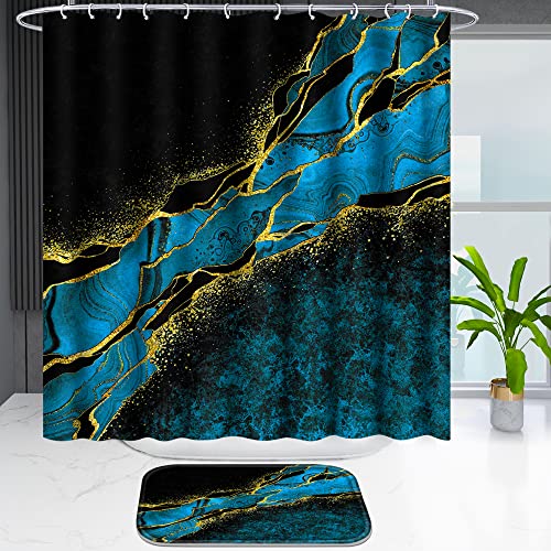 Poedist 4 Pcs Gold Edge Marble Bathroom Shower Curtain Set, Bathroom Sets with Shower Curtain and Rugs(Bath Mat,U Shape and Toilet Lid Cover Mat) and 12 Hooks-Sky Blue - color: Blue Yellow