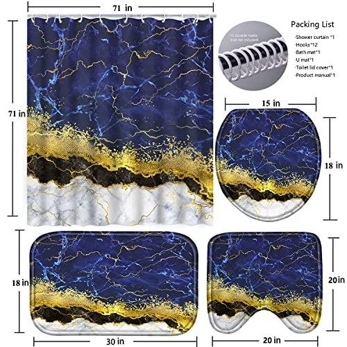 Poedist 4 Pcs Gold Edge Marble Bathroom Shower Curtain Set, Bathroom Sets with Shower Curtain and Rugs(Bath Mat,U Shape and Toilet Lid Cover Mat) and 12 Hooks-Blue - color: Blue Yellow Black