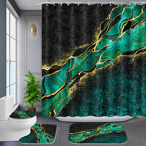 Poedist 4 Pcs Gold Edge Marble Bathroom Shower Curtain Set, Bathroom Sets with Shower Curtain and Rugs(Bath Mat,U Shape and Toilet Lid Cover Mat) and 12 Hooks-Green - color: Green Yellow