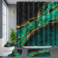 Poedist 4 Pcs Gold Edge Marble Bathroom Shower Curtain Set, Bathroom Sets with Shower Curtain and Rugs(Bath Mat,U Shape and Toilet Lid Cover Mat) and 12 Hooks-Green - color: Green Yellow