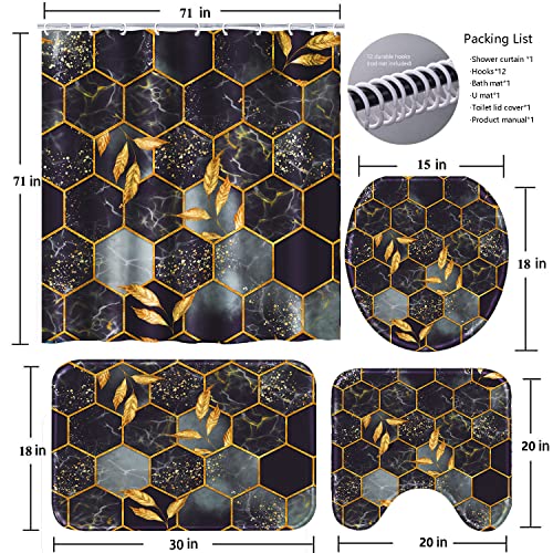 Poedist 4 Pcs Bathroom Shower Curtain Set,Bathroom Sets with Rugs(Bath Mat,U Shape and Toilet Lid Cover Mat) and 12 Hooks,Honeycomb Marble Grey Black - color: Black Grey