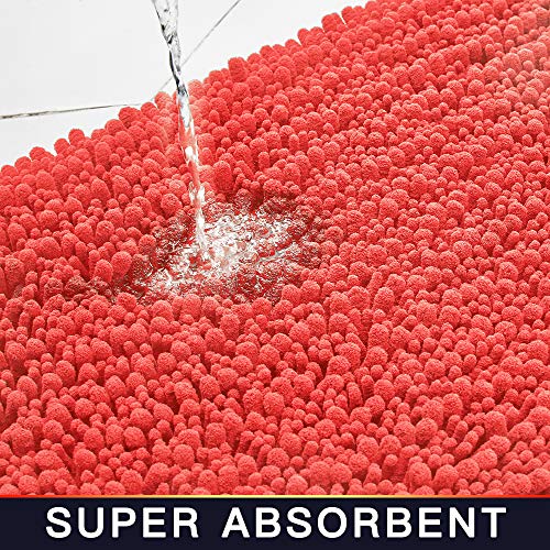 Walensee Bathroom Rug 2 Pieces Set Non Slip Bath Mat (20"x32" Plus 20"x32" Living Coral) Water Absorbent Super Soft Shaggy Chenille Machine Washable Dry Extra Thick Perfect Carpet for Shower Floor - color: Coral, size: 20"x32" plus 20"x32"