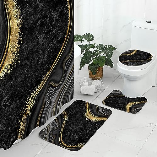 Gibelle 4 Pcs Luxury Marble Shower Curtain Set with Non-Slip Rugs, Toilet Lid Cover and Bath Mat, Black Gold Bathroom Decor Set with Shower Curtain and Rugs and Accessories - color: Black