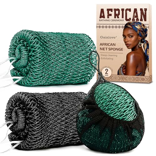 2 Pack African Net Sponge Exfoliating Body Scrubber Bath Sponge for Daily Use (Black+Dark Green) - color: Black+dark Green