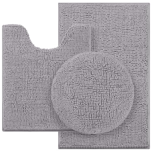 HOMEIDEAS Bathroom Rugs Sets 3 Piece, Chenille Bath Rugs Soft Absorbent Non Slip Washable Bath Mats with Toilet Lid Cover, Perfect for Bathroom(Grey) - color: Grey, size: 20"x32"+U 20"x24"+Cover 18"x21"