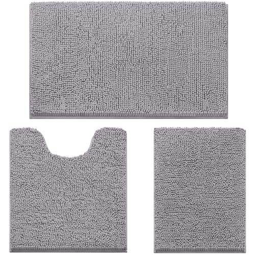 HOMEIDEAS 3 Pieces Bathroom Rugs, Soft Thick Absorbent Chenille Bath Mats, Washable Non-Slip Floor Rugs for Shower & Bath, Grey - color: Grey-grey, size: 17"x24"+20"x32"+U Shape 20"x24"