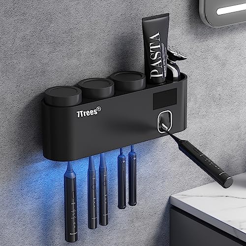 Toothbrush Sanitizer, Self Adhesive Toothbrush Holder with 3 Cups, Automatic Toothpaste Squeezer Dispenser Bathroom Accessories Set (Black)