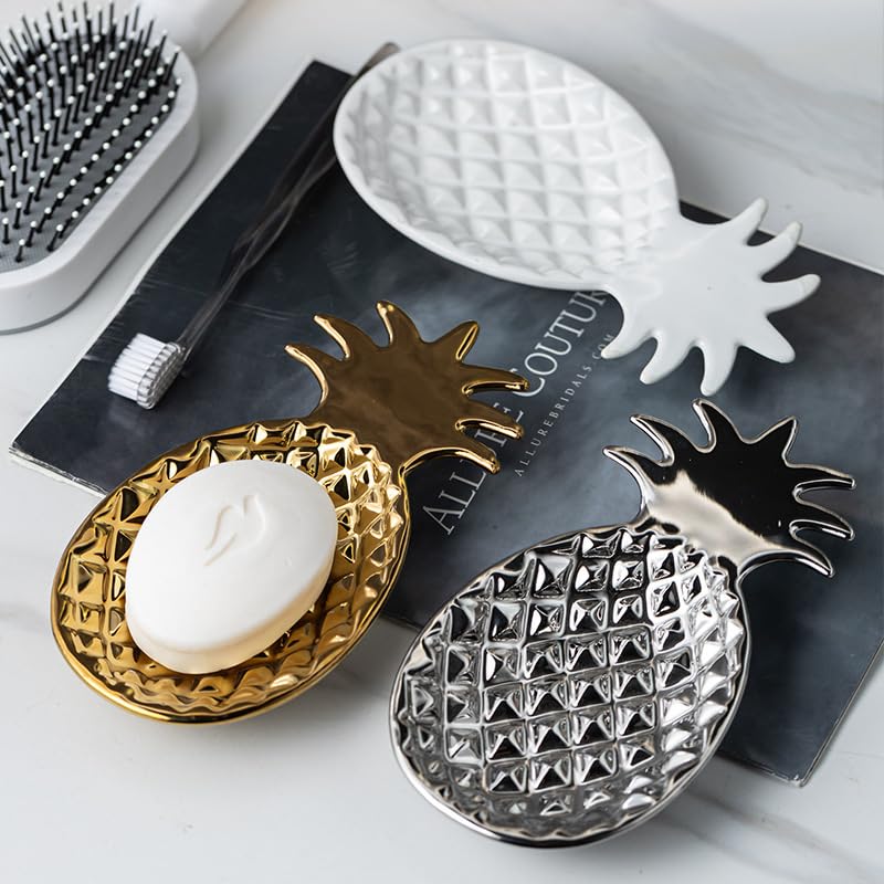 Chic Soap Dish, Pineapple Shape, Fluted Design, Decorative Ceramic Tray(Gold) - color: Gold