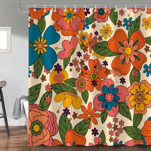Vintage Floral Shower Curtain, Retro Groovy Hippie Funky Boho Flowers Shower Curtains for Bathroom Decor, Colorful Cute Fabric Bath Curtain 72x78 Inch - color: Colorful, size: 72"W x 78"L (Pack of 1)