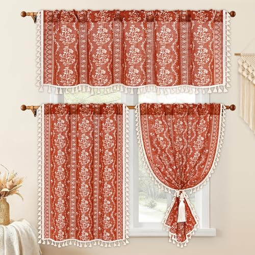 Yinhua Boho Kitchen Curtains and Valances Set Vintage Linen Terracotta Cafe Curtains Light Filtering Rod Pocket Valance Burnt Orange Farmhouse Rustic Tassel Tier and Valance, 52"W X 18"L+26"W x 36"L - color: Terracotta, size: 52"W x 36"L (Pack of 3)