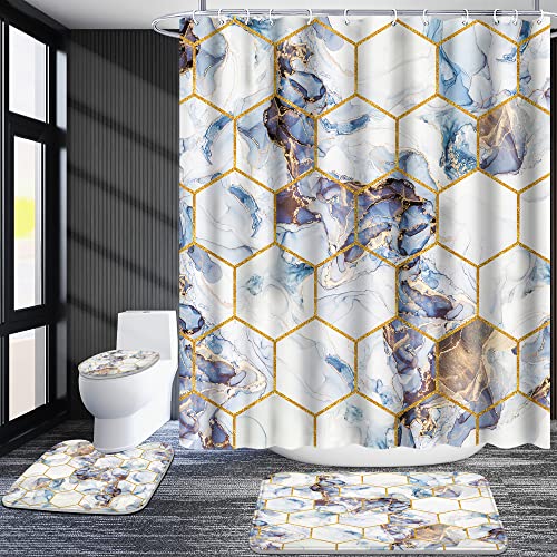 Poedist Shower Curtain Set with Rugs,Bathroom Accessory Set, Including Non-Slip Rugs,Toilet Lid Cover and Bath Mat, Waterproof Shower Curtain with 12 Hooks, Honeycomb Marble - color: White