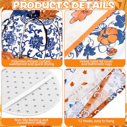 FuWeave 8 Pcs Fall Pumpkin Shower Curtain Set for Bathroom Decor Include Blue and White Chinoiserie Autumn Shower Curtain Harvest Floral Towels Non Slip Rugs Toilet Lid Cover Bath Mat and 12 Hooks - color: Fall Pumpkin