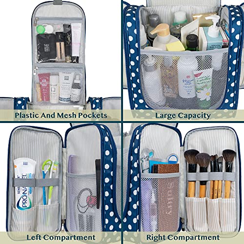 PAVILIA Extra Large Toiletry Bag Travel Bag for Women Men, Hanging Cosmetic Organizer, Water Resistant Makeup Bag for Accessories Toiletries, Travel Essentials Kit (Navy Polka Dot) - color: Navy Polka Dot, size: Extra Large (12x6x12.5)