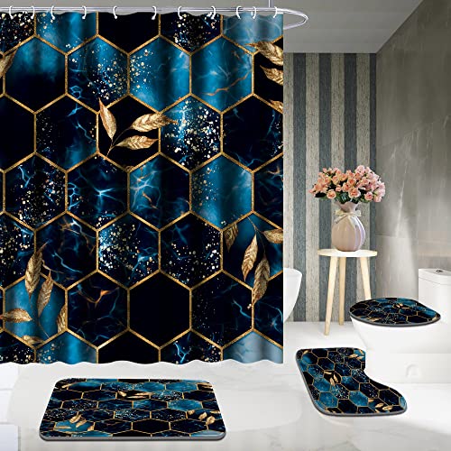 Poedist 4 Pcs Bathroom Shower Curtain Set,Bathroom Sets with Rugs(Bath Mat,U Shape and Toilet Lid Cover Mat) and 12 Hooks,Sky Blue Honeycomb Marble - color: Blue